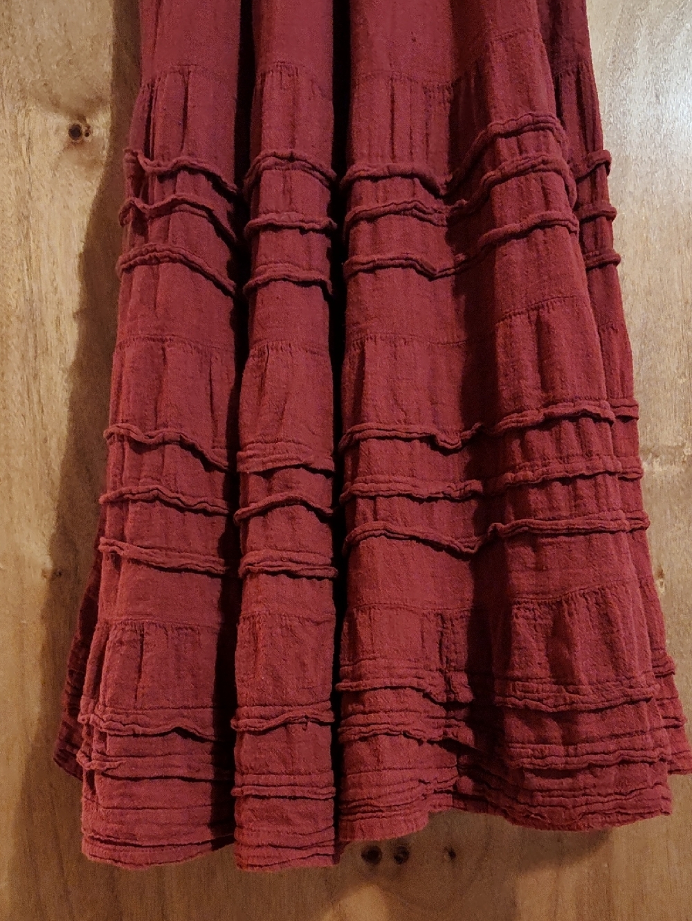 Boho Peasant Dress Brick Red Slub Puff Sleeve Ruffled Tiers Victorian Ren Fair S - Picture 11 of 16